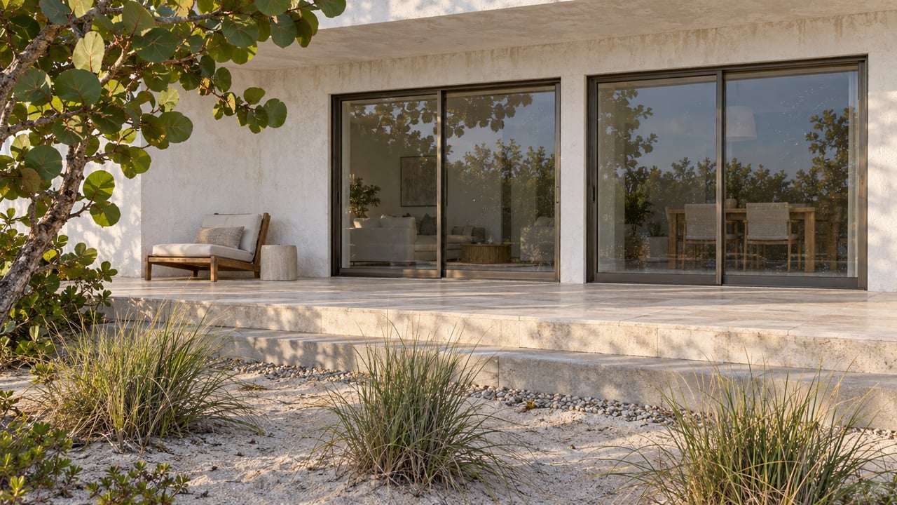Raised limestone terrace with bronze-framed sliding doors, a teak chair, and native grasses beneath a broad-leaved tree.