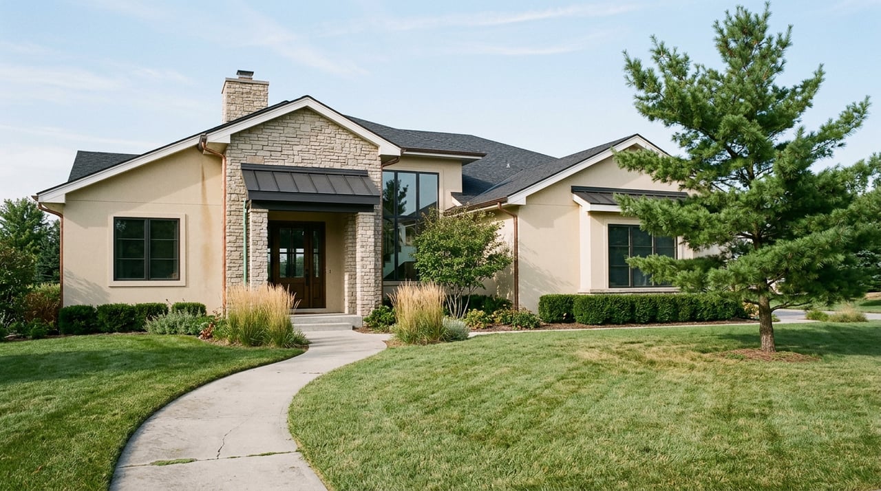 Contemporary stucco home with a stone entry, curved concrete walkway, and asymmetrical pine across a broad lawn.