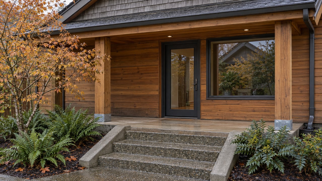 Rain-damp concrete steps lead to a sheltered cedar-clad home entry framed by a vine maple and native ferns.