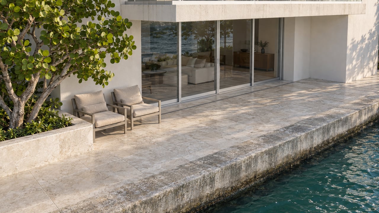 Pale waterfront condominium terrace with closed sliding-glass doors, limestone paving, two outdoor chairs and blue-green water beyond a concrete seawall.