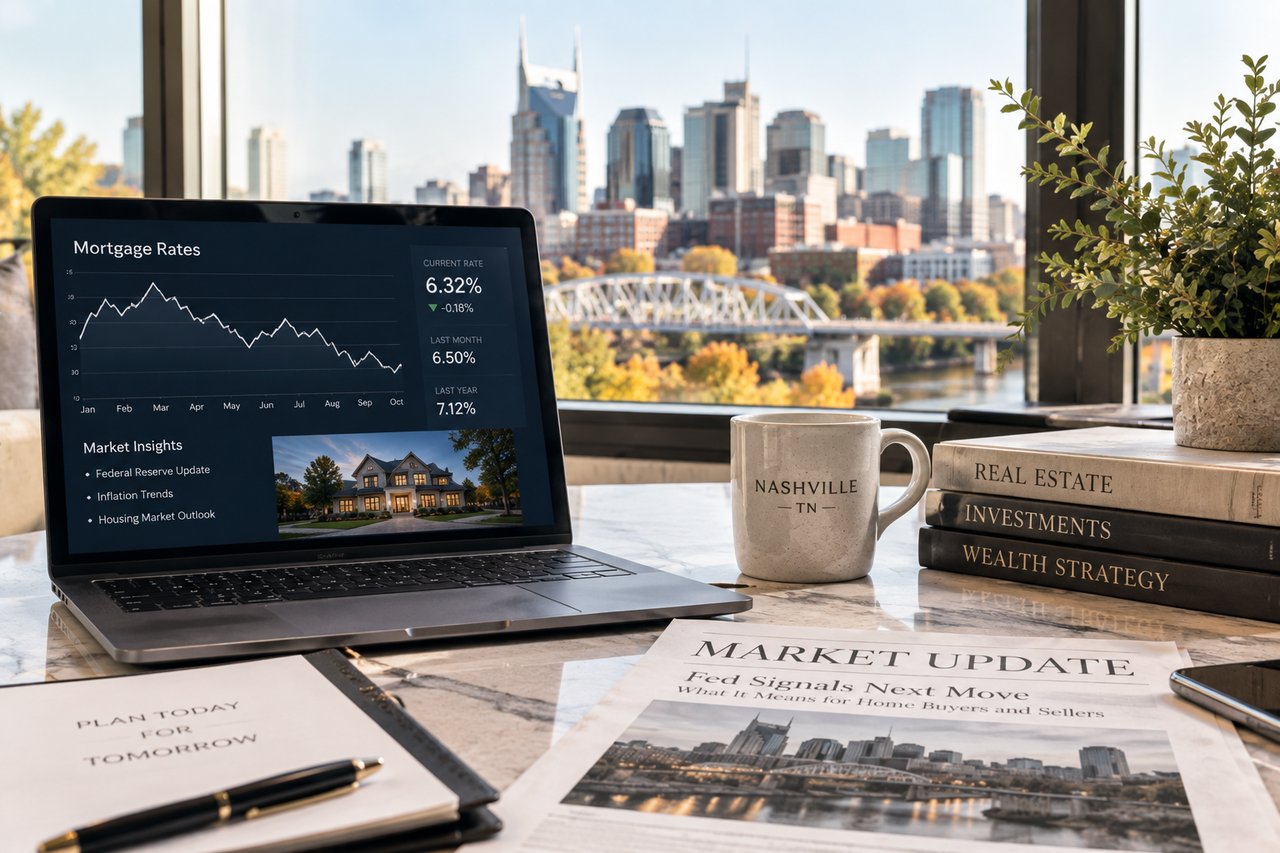 Mortgage rate trends displayed on a laptop with the Nashville skyline in the background, illustrating how the Federal Reserve’s fall 2026 move may affect Nashville home buyers and sellers.