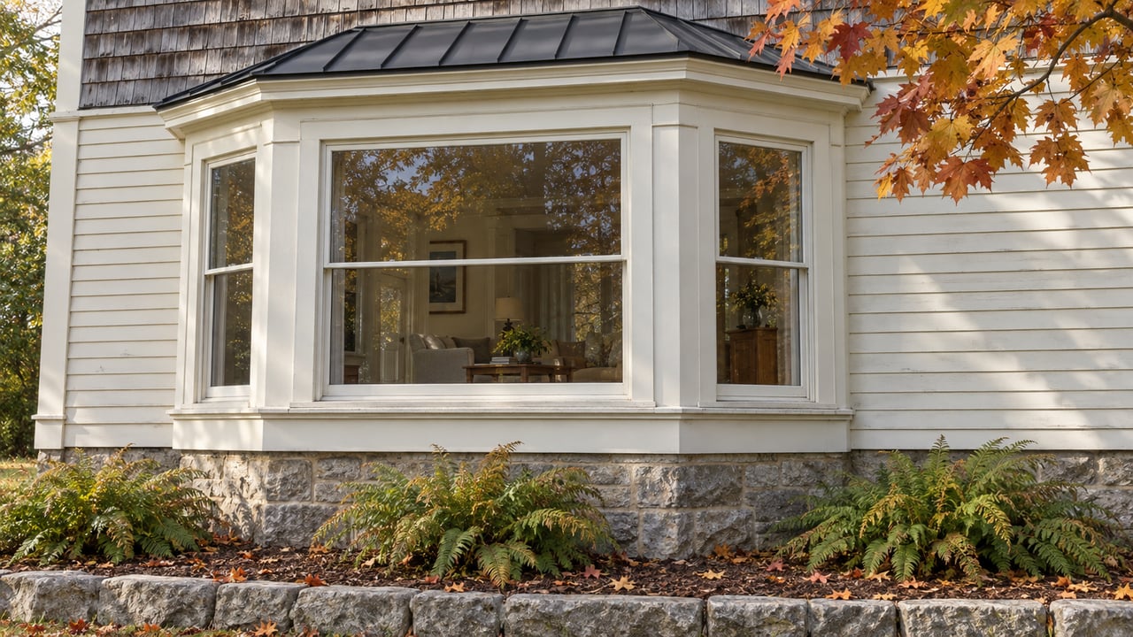 Morning sunlight on an off-white historic home's three-sided window bay, limestone foundation and autumn sugar maple leaves.