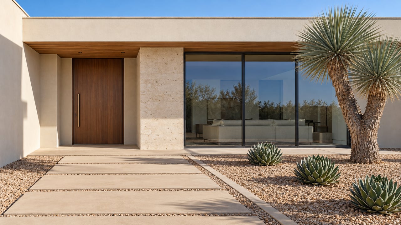 Cream stucco home with a recessed wood entry, tall glazing and a broad concrete approach beside sculptural yucca and agaves.