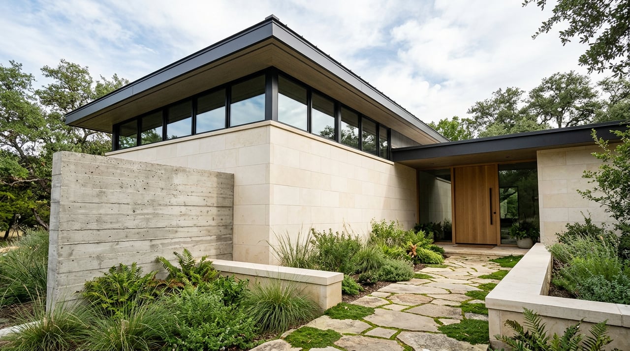 Contemporary limestone home with a board-formed concrete wall, recessed oak door, and curved flagstone path beneath a live oak.