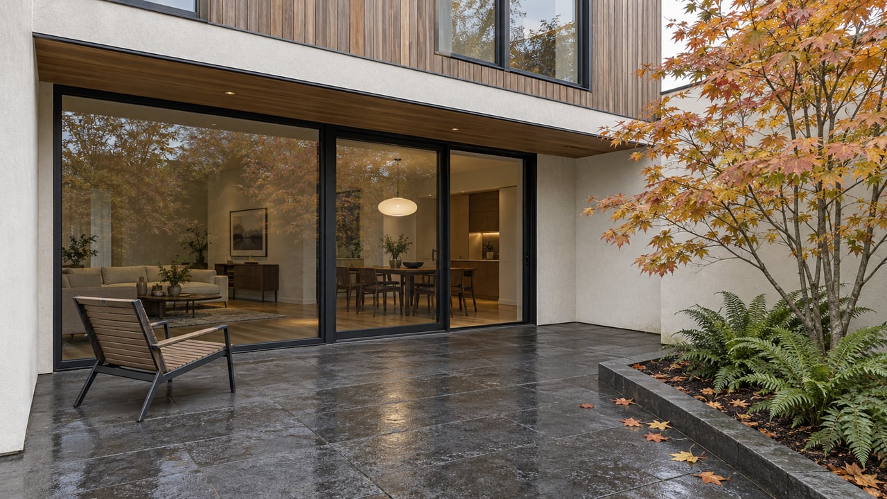 Rain-dark basalt terrace beside a glazed contemporary home, with cedar cladding, a teak chair and copper-leaved vine maple.