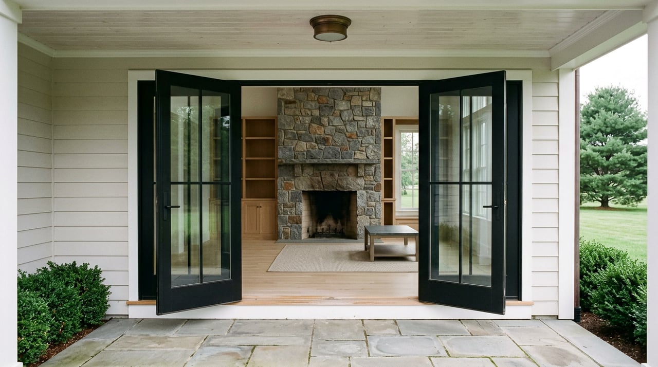 Open French doors frame a fieldstone fireplace, oak shelves, and a window overlooking a pine.