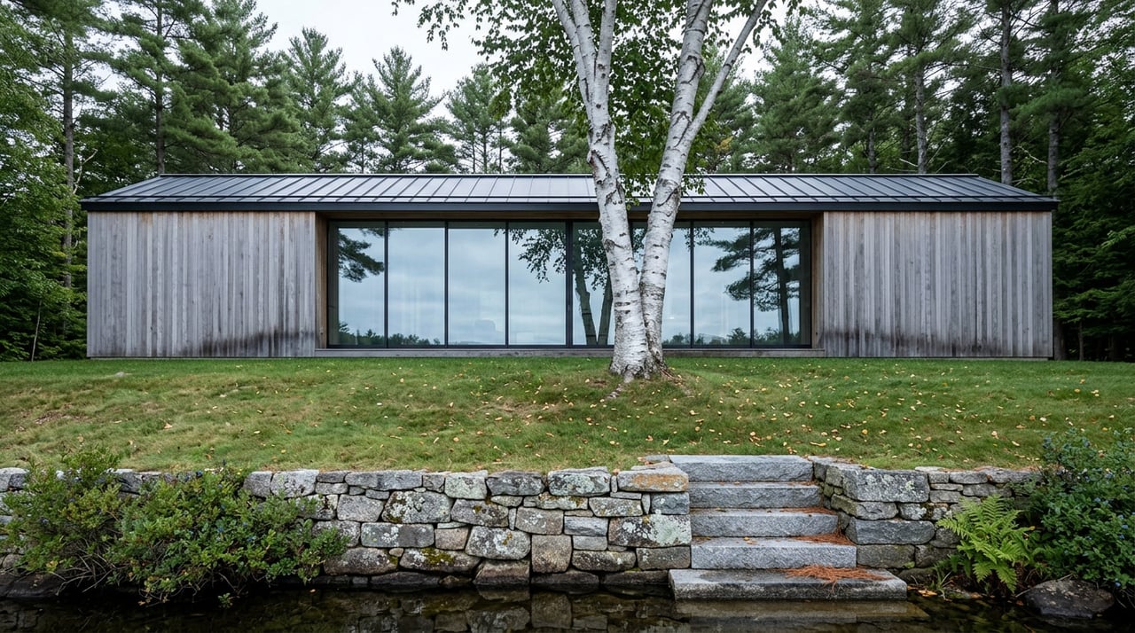 Lakeside house beyond a birch and granite wall, with steps descending to the water.