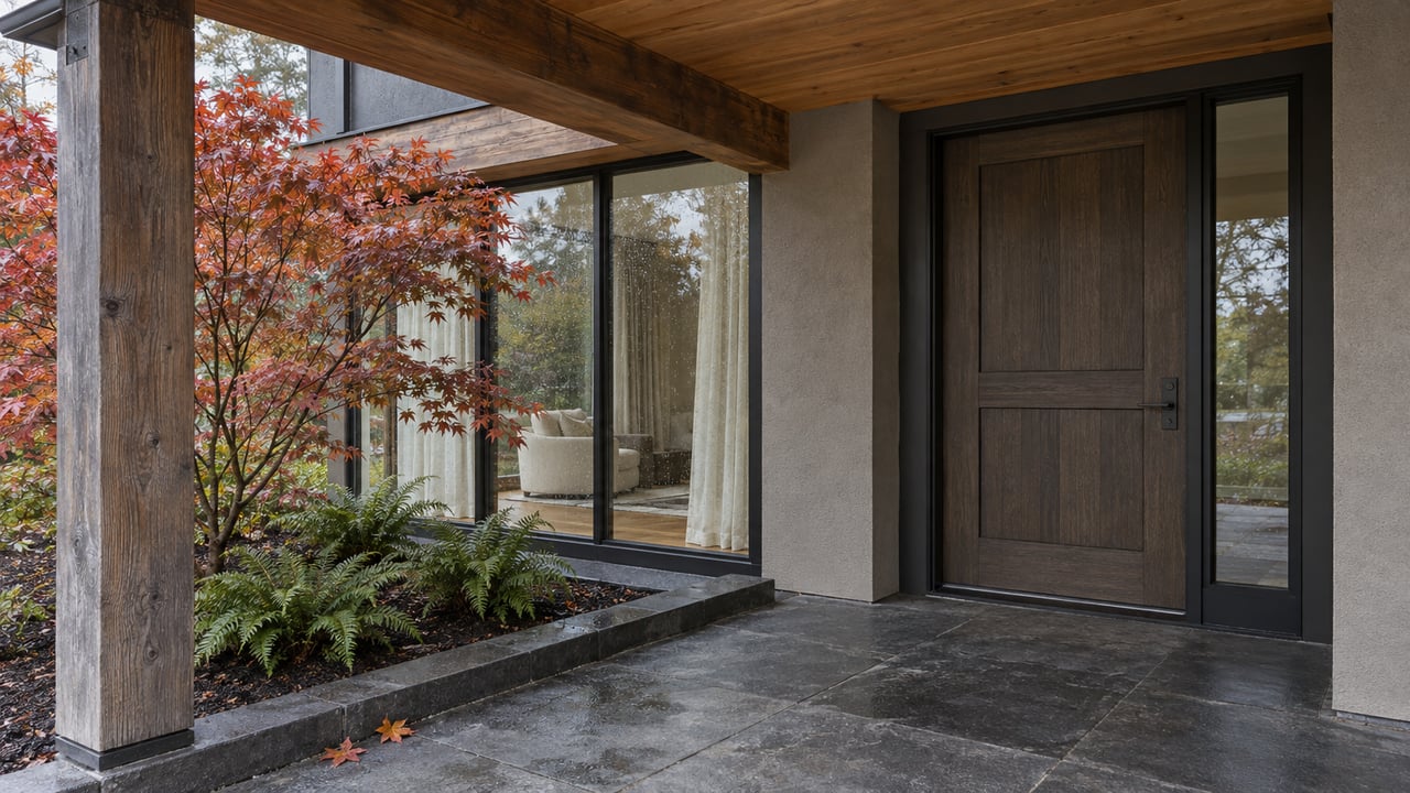 Rain-damp basalt entry porch with cedar beams, a paneled wood door, full-height glazing and a copper-leaved vine maple.