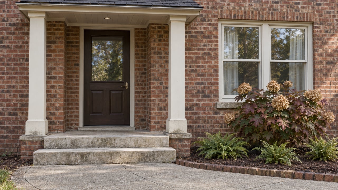 Brick home entrance with an espresso door, paired white window sashes, limestone steps, and oakleaf hydrangea in autumn foliage.