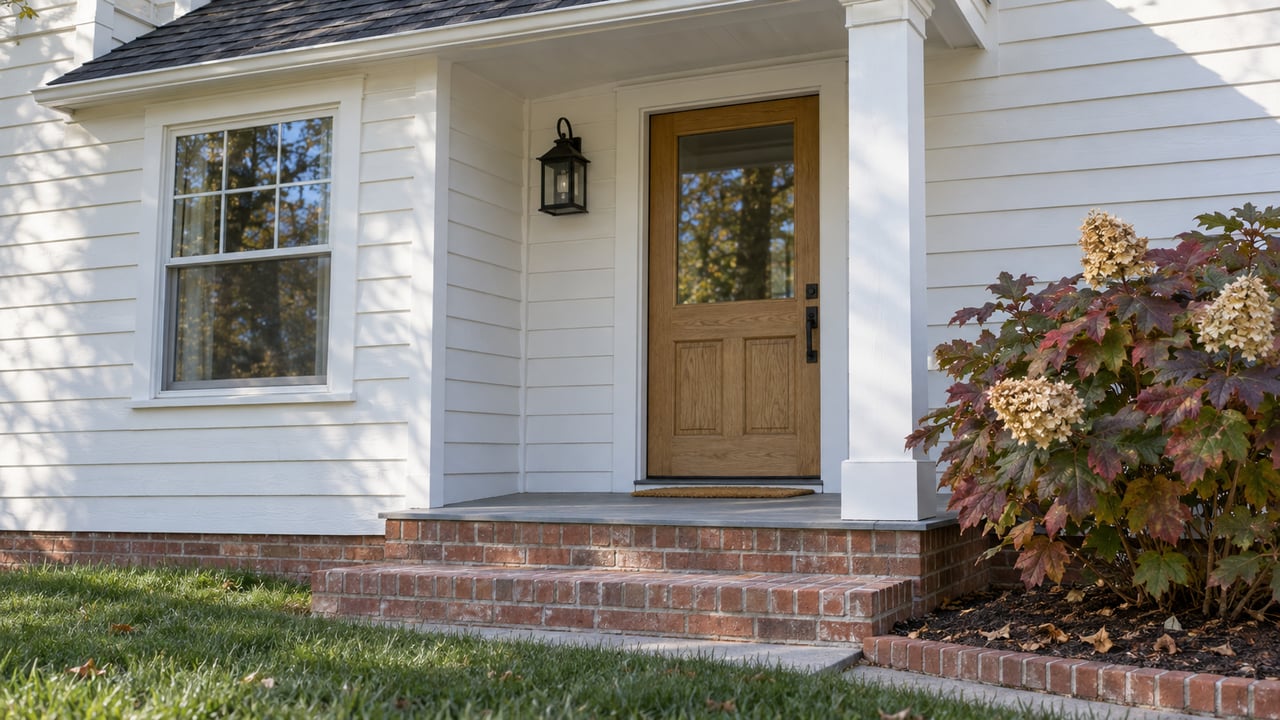 White clapboard home with a covered oak entry, worn brick steps and an oakleaf hydrangea beside the porch.
