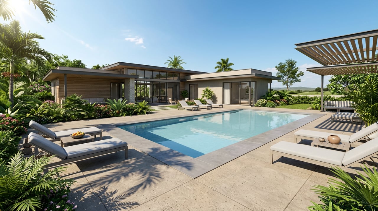 Travertine terrace and pale blue-grey pool beside a white stucco home with black-framed glass sliders.