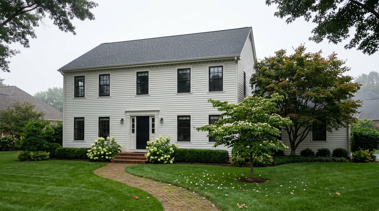 Two-story white clapboard colonial with black windows, a brick walkway, hydrangeas, and a dogwood tree.