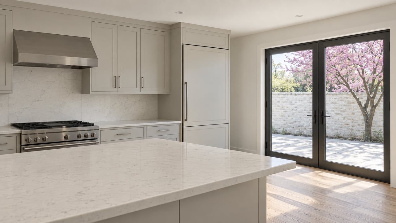 Kitchen island and light greige cabinets face glass patio doors, with a brick wall and branching tree beyond.