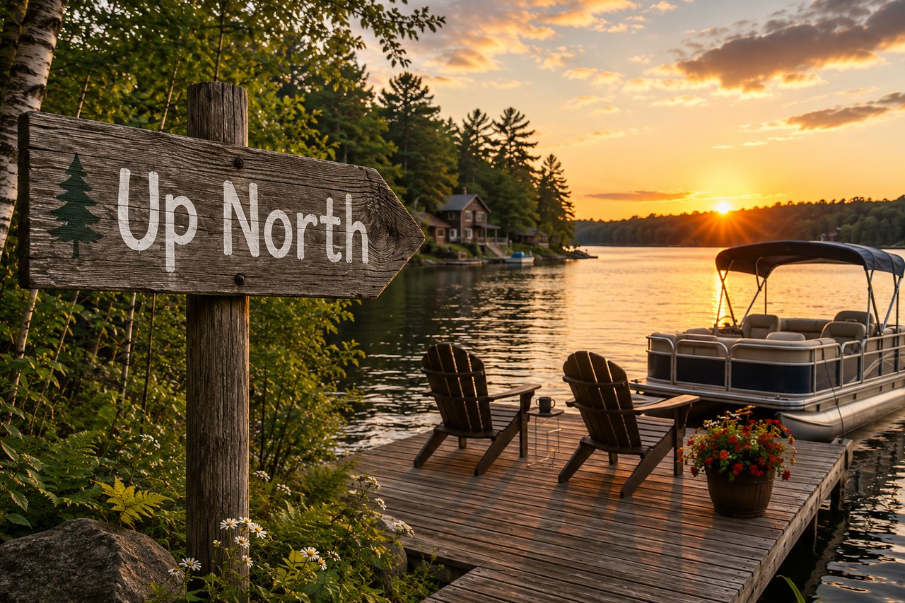 “Up North” sign beside a lakeside dock with Adirondack chairs and a pontoon boat at sunset.