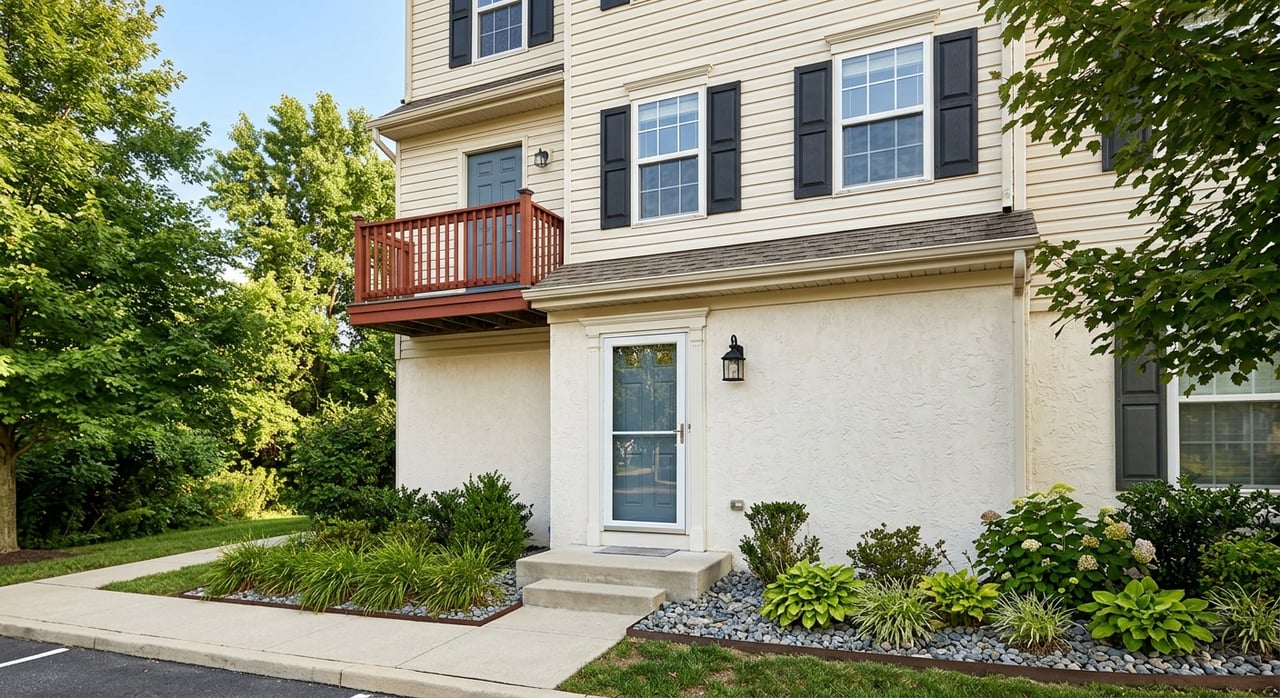 Townhome entry with cream siding, stucco, a balcony with reddish-brown railing, steps, and clipped shrubs.