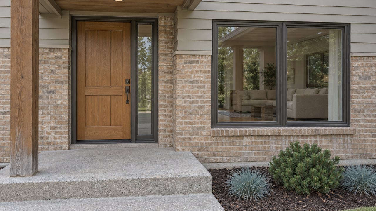 Close view of a suburban home's timber-covered entrance, buff brick walls and broad living-room window beside a small planted bed.