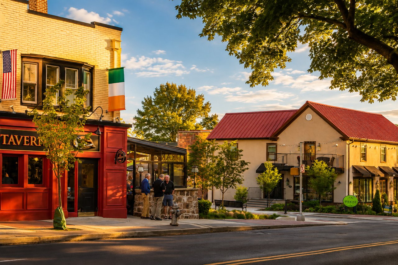 Walkable town center with a red tavern, people gathered outside, and a red-roofed building across the street.