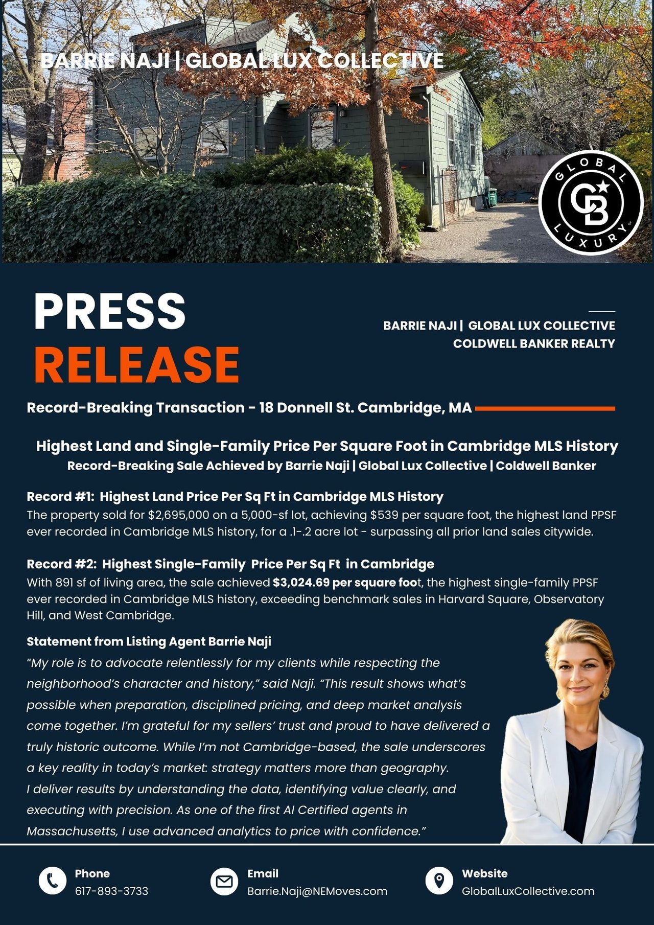 Press release image highlighting Barrie Naji of Coldwell Banker Realty after a record-breaking real estate sale at 18 Donnell Street in Cambridge, Massachusetts, achieving the highest land and single-family price per square foot in Cambridge MLS history for a 0.1 to 0.2 acre lot.