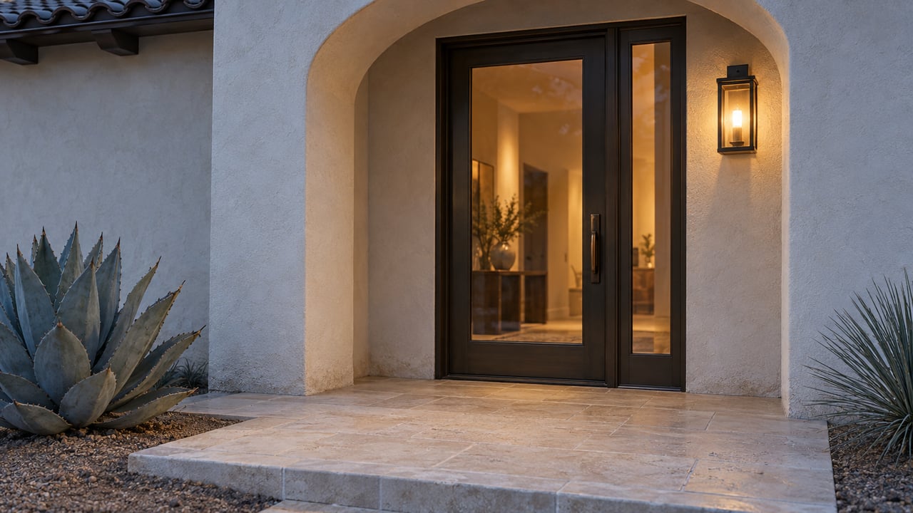 Stucco entry with a bronze-framed glass door, warm wall sconce, limestone landing, and agave.