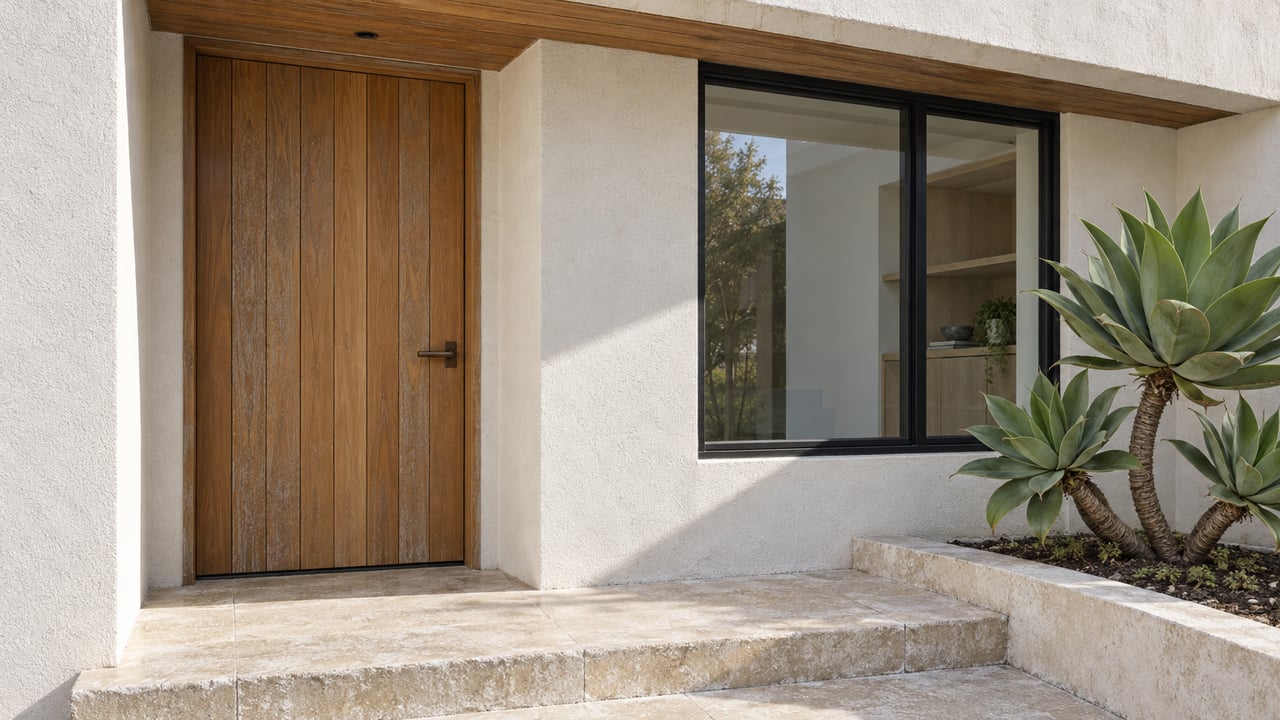 Sunlit coastal-modern entrance with a teak door, white stucco, black-framed window, limestone steps, and sculptural agave.
