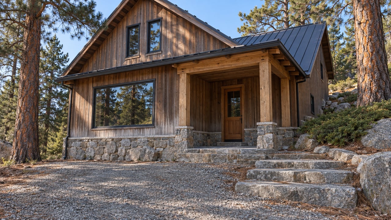 Timber-clad gabled home with a granite foundation, sheltered entry, and stone steps above a sloping gravel approach between two ponderosa pines.