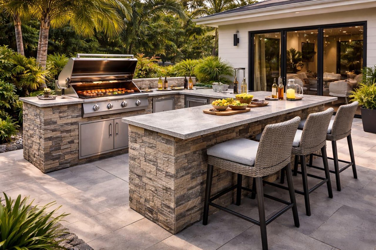 Outdoor kitchen with a built-in grill, countertop, and dining area in a Florida backyard.