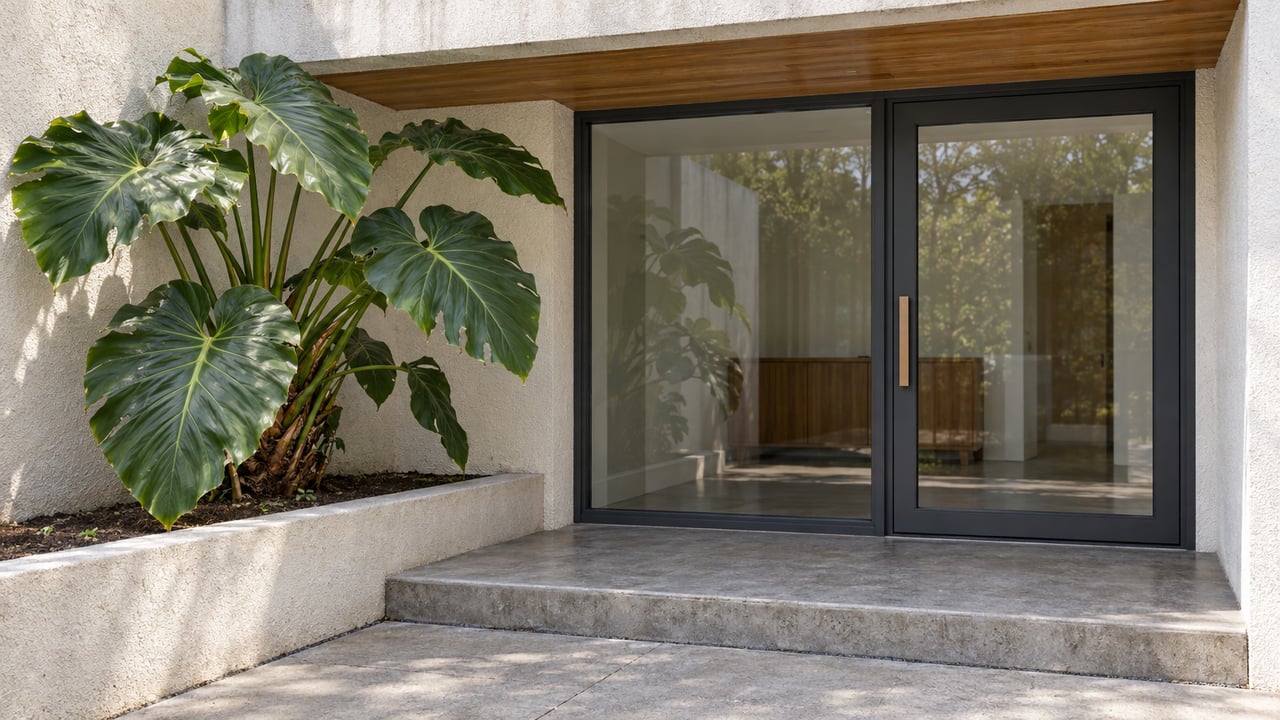 Shaded glazed entrance beneath a wood-lined concrete canopy, beside broad philodendron leaves and an ivory stucco wall.
