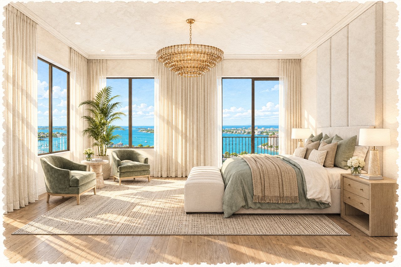 Furnished bedroom with a king-size bed and wide bay views through expansive windows.