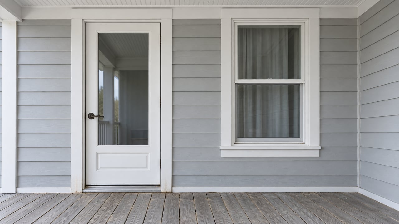 A sheltered raised porch with pale gray siding, a glazed white entry door, a double-hung window and weathered wood decking.
