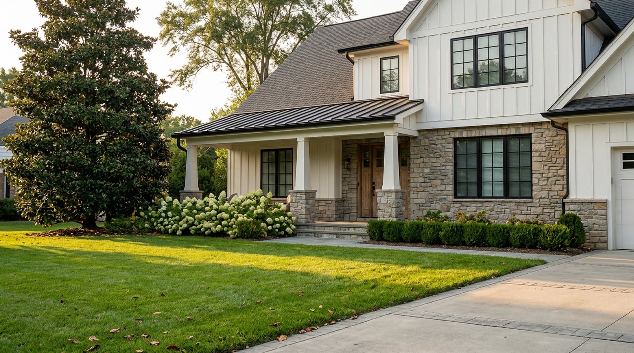 Two-story farmhouse with white board-and-batten siding, stone accents, and a broad lawn beside a curving driveway.