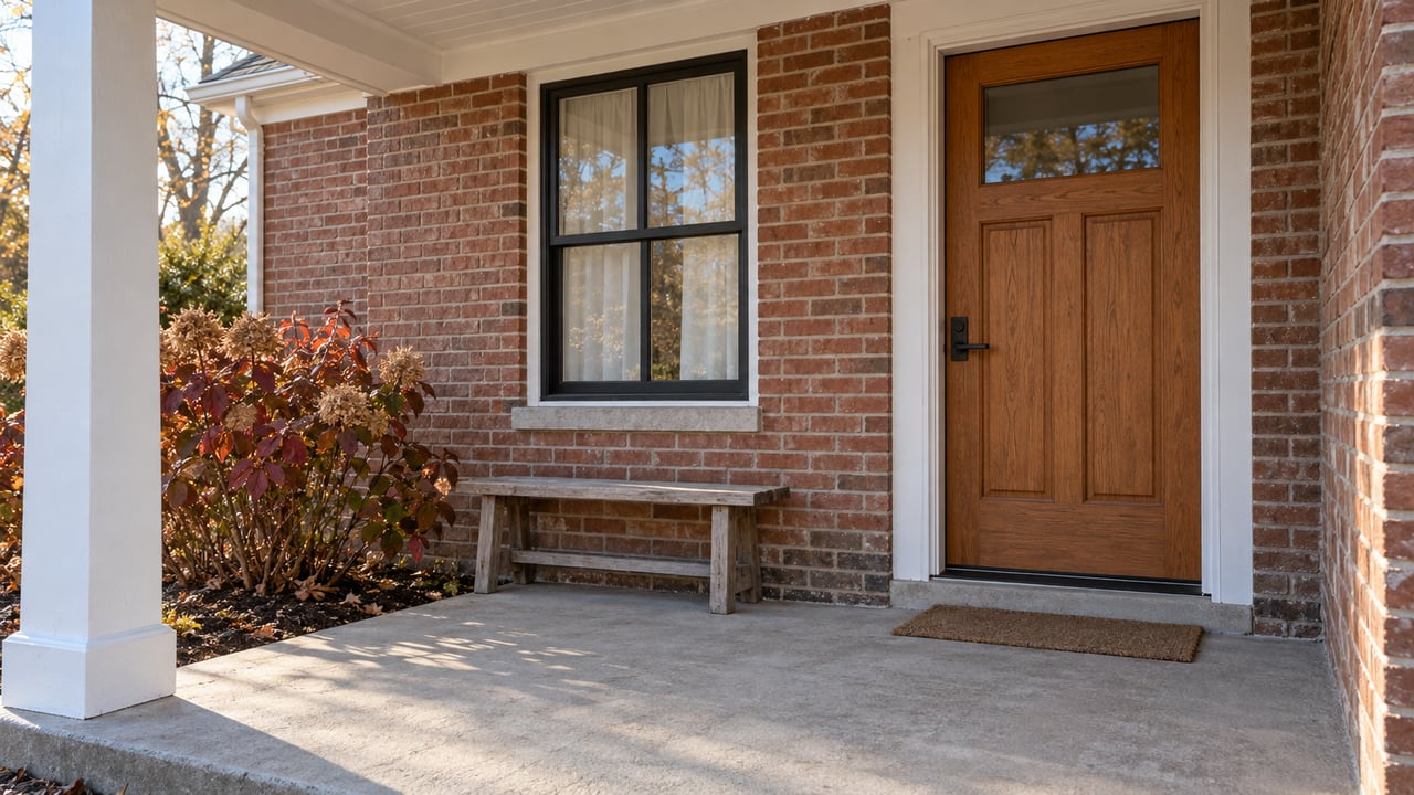Late-autumn sunlight crosses a brick home's covered porch, oak front door, black-framed window and weathered bench beside burgundy oakleaf hydrangea.