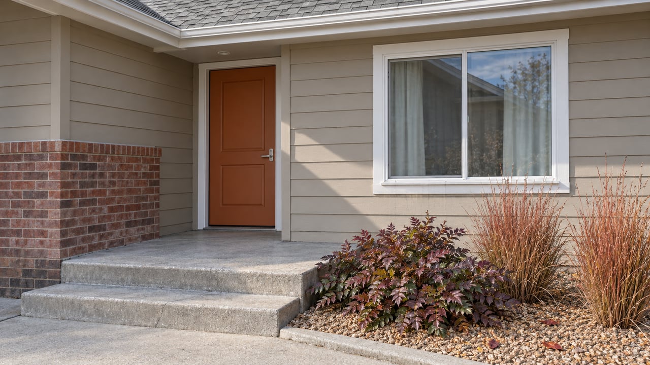 A recessed orange front door and white-framed window on a beige ranch home, with brick porch detailing and autumn planting beside concrete steps.