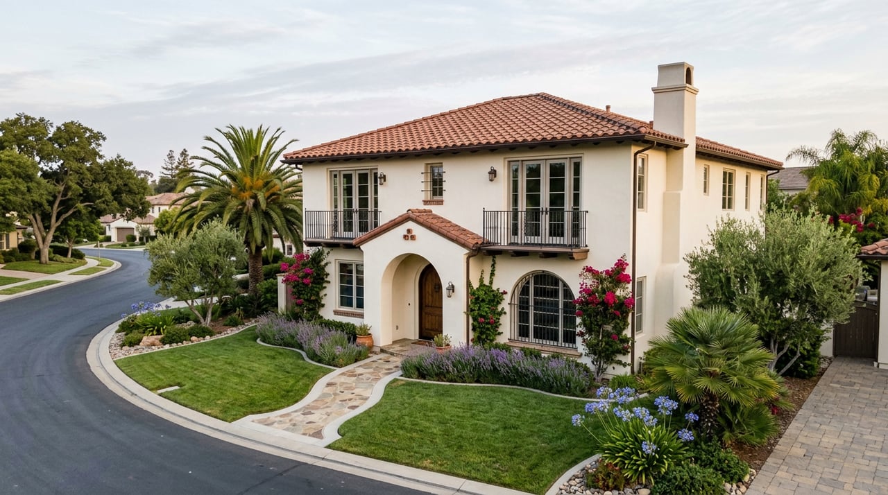 Two-story Spanish Revival stucco home with a terracotta tile roof, arched entry, wrought-iron balconies, and palm-filled landscaping.