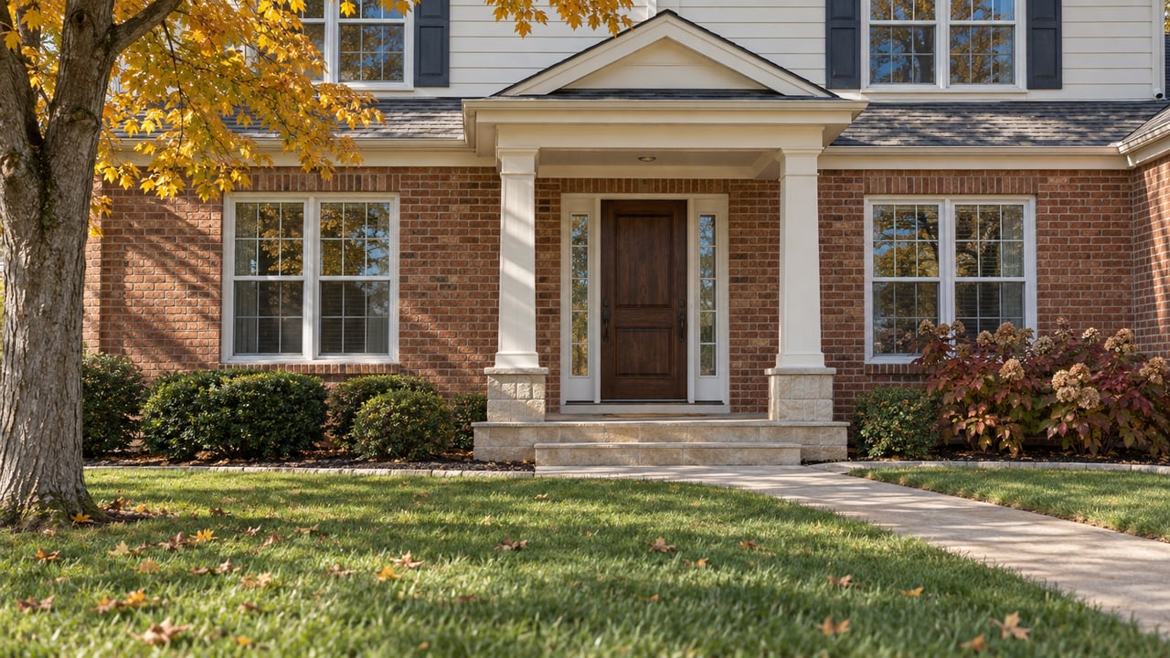 Red-brick home with an ivory portico, limestone steps and autumn maple foliage beyond a broad lawn.