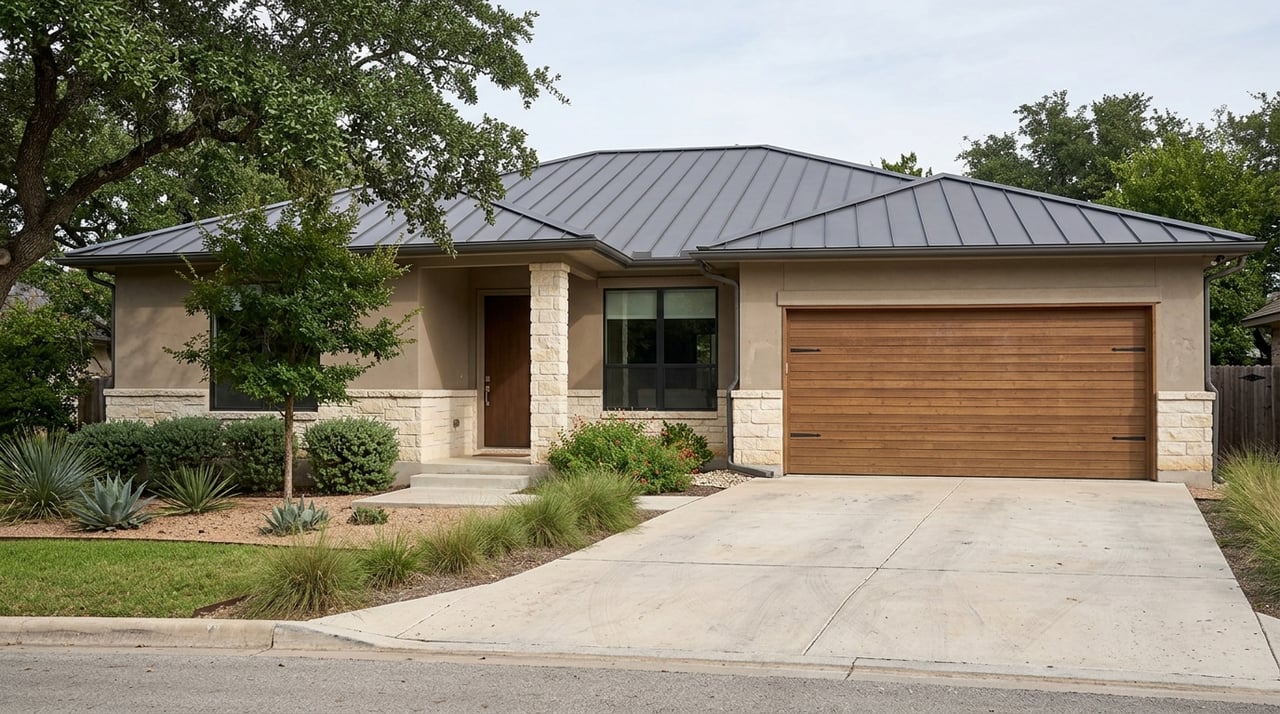 Single-story stucco home with limestone accents, worn exterior, and native plants by the street