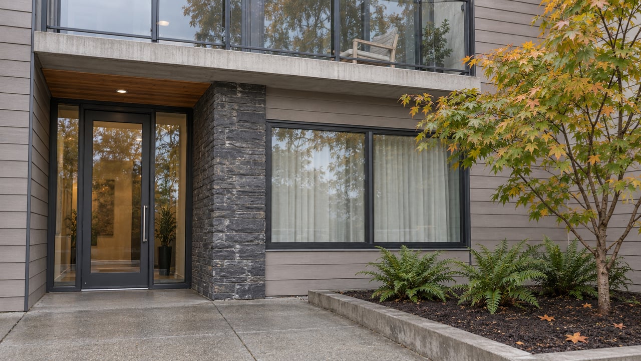Modern home entrance with dark-framed glass doors, stone accent wall, and autumn tree.