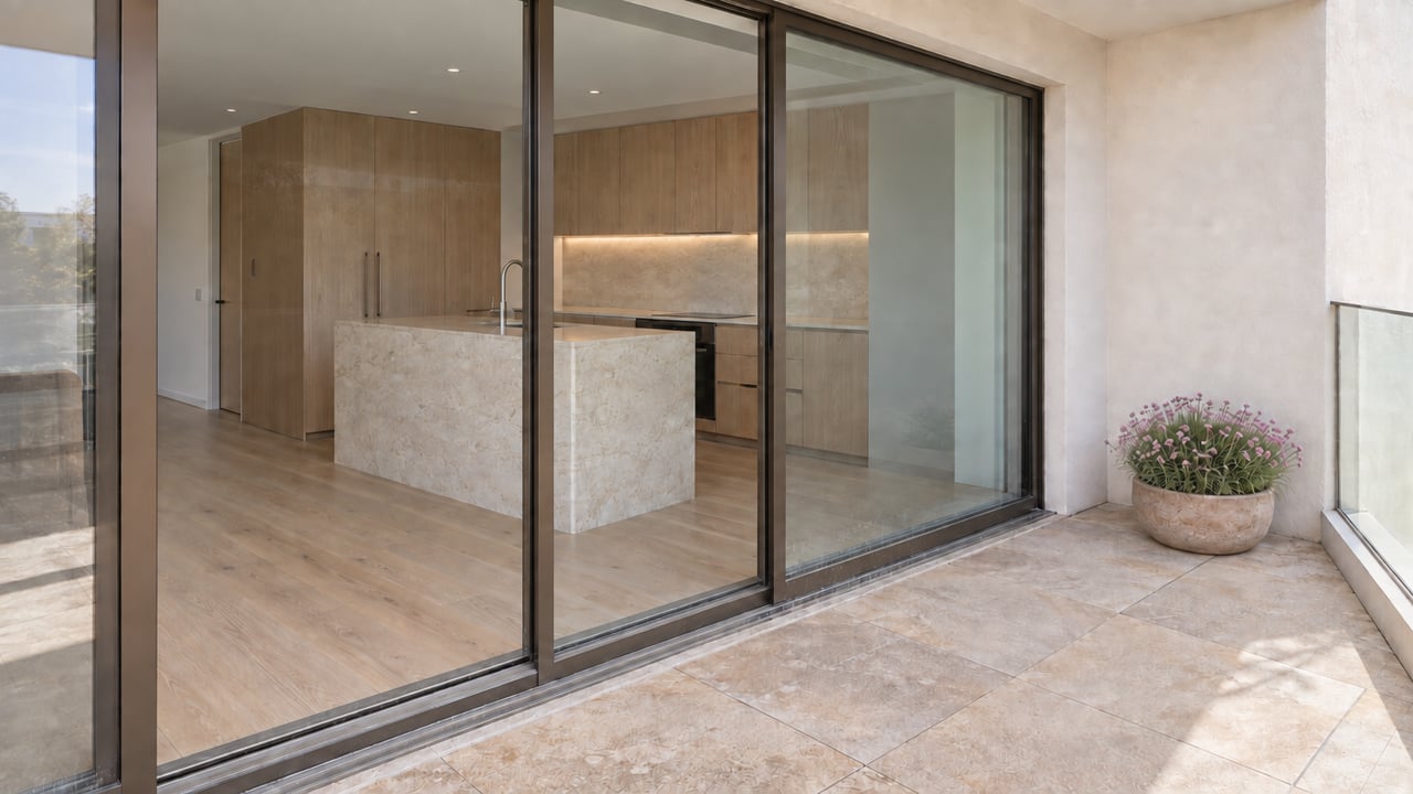 Kitchen island and faucet beside an uncovered terrace opening with bronze mullions.