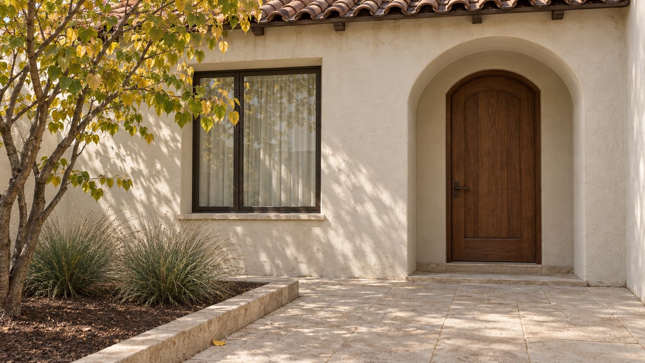 Sunlit ivory stucco courtyard with an arched walnut entry, clay tile eave and yellowing redbud beside a limestone terrace.