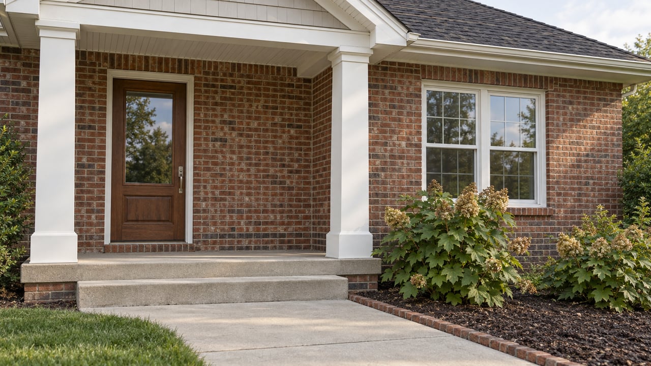 Red-brown brick home with a white-trimmed gabled porch, wood entry door, paired windows and oakleaf hydrangeas beside concrete steps.