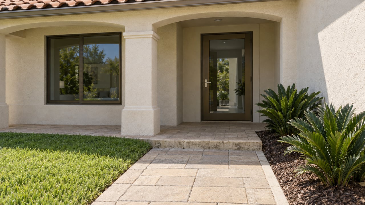 Sunlit textured walkway leading to a shaded stucco porch with a bronze-framed glass door, lawn and three coontie plants.