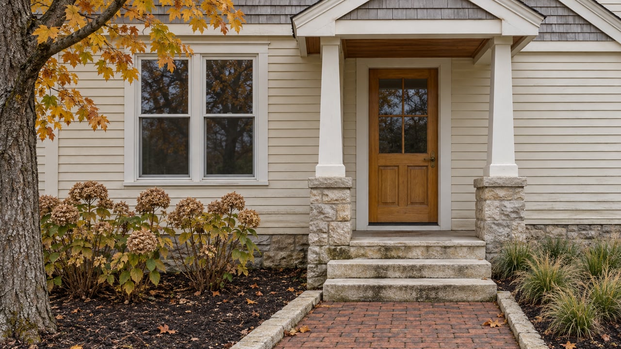 Cream clapboard home with an oak entry door, limestone steps and a compact autumn garden.