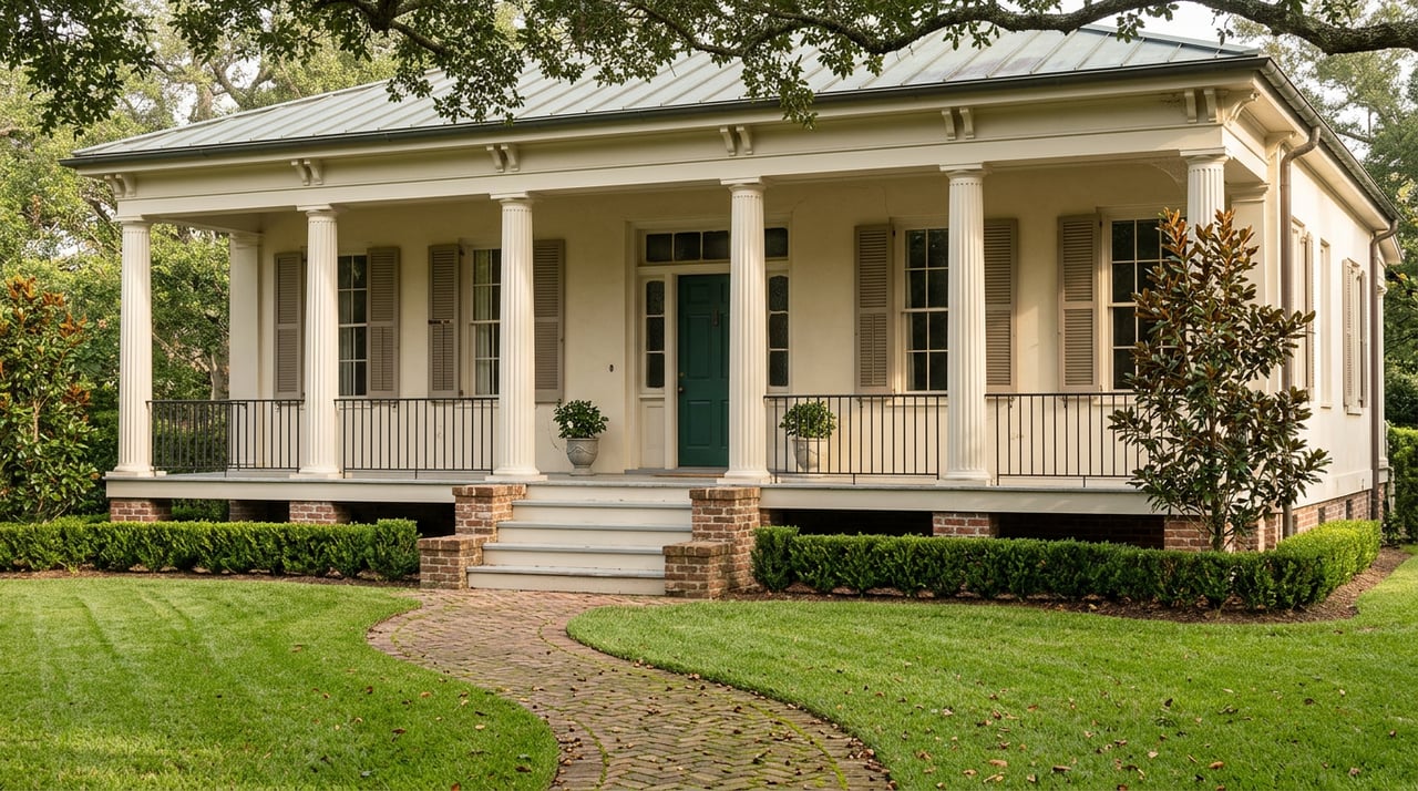 Raised ivory stucco house with a deep columned porch, emerald door, brick path, and spreading live oak.