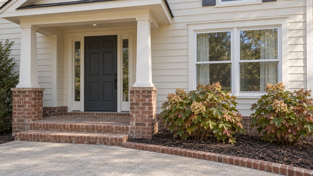 Cream-sided home with a covered brick entry, charcoal door, white-framed window, and oakleaf hydrangeas beside the front steps.