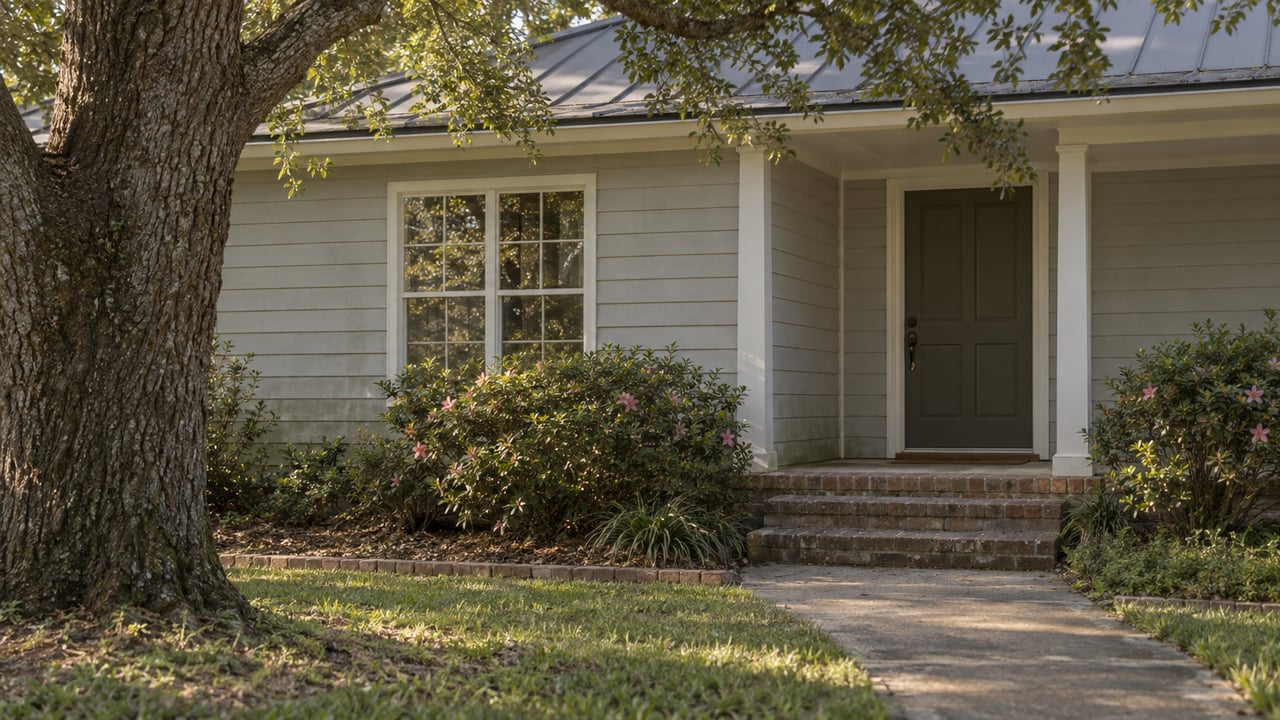 Pale-gray clapboard house with a recessed door, brick steps, and a mature oak beside the walkway.