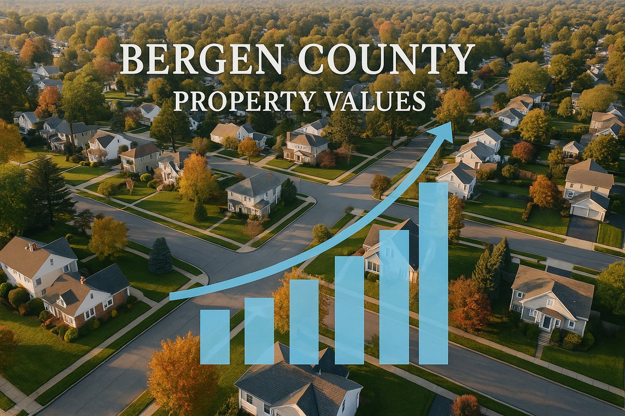 Aerial of Bergen County homes illustrating long-term real estate investment growth.