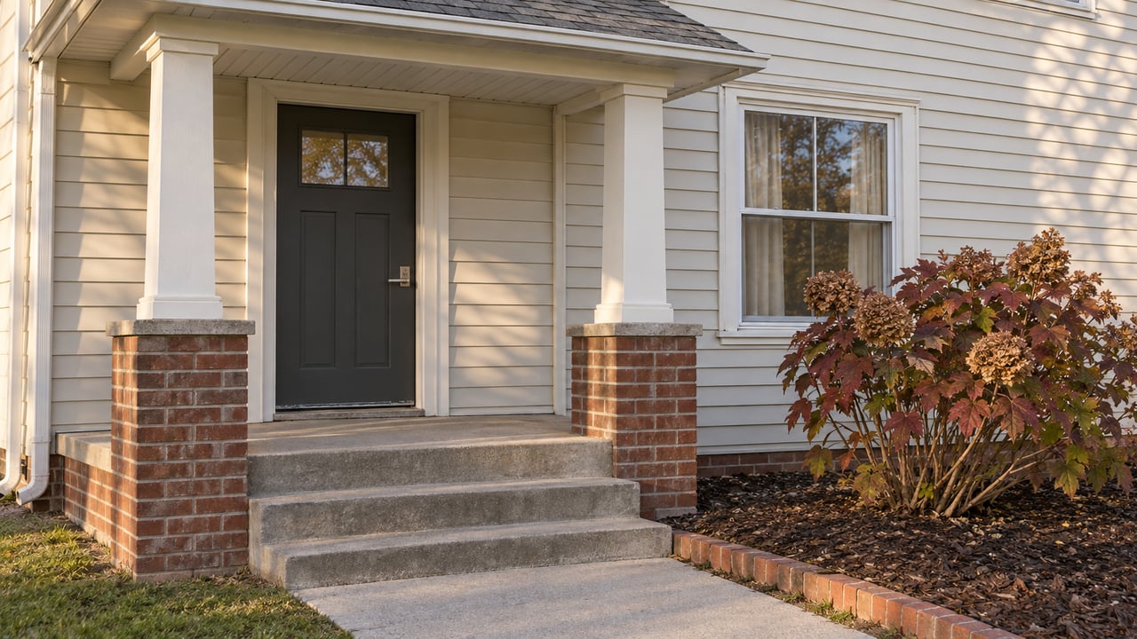 Warm afternoon light falls across a brick-and-ivory-sided home's covered entry, concrete steps, and copper-colored oakleaf hydrangea.