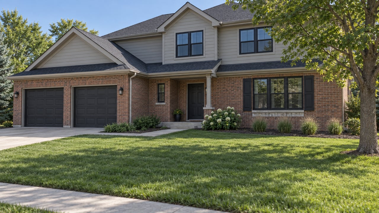 Two-story brick-and-siding house with a left-side two-car garage, deep lawn, and mature oak at right.