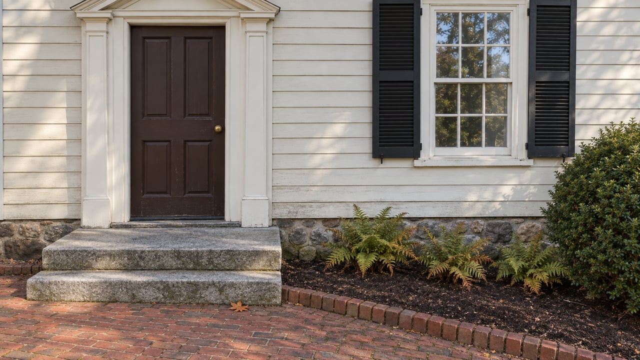 An ivory clapboard home entrance with a brown door, granite steps, brick walk and a shuttered sash window in morning light.