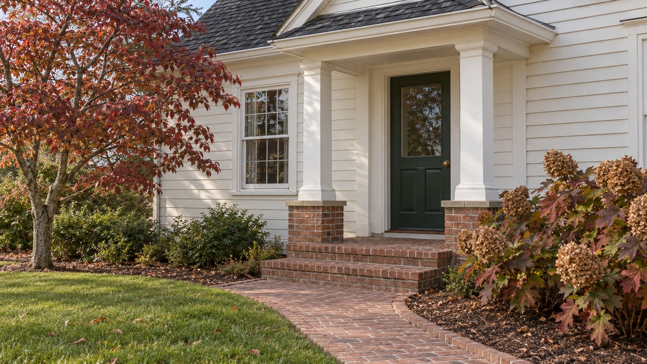 Cream clapboard home with a deep-green front door, weathered brick steps, and autumn dogwood and oakleaf hydrangeas.