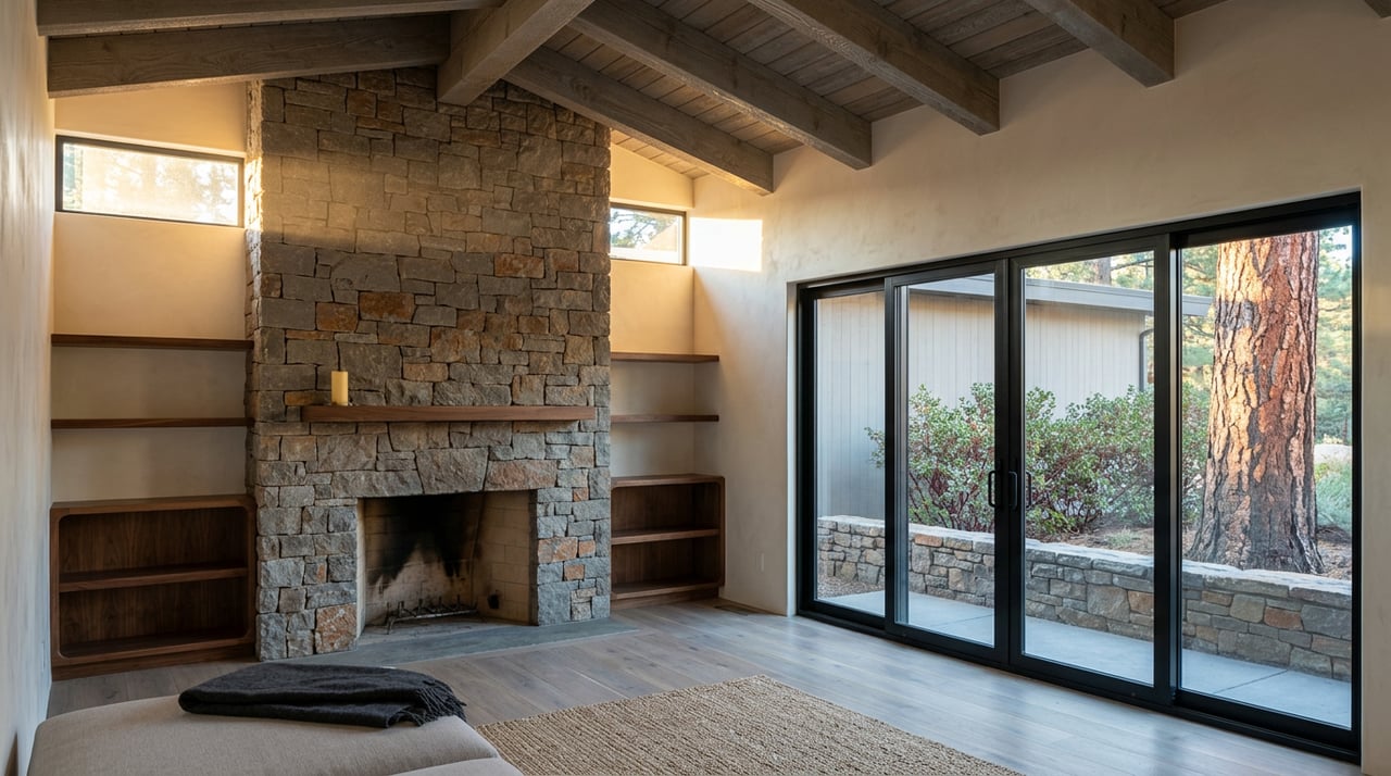 Great room with a floor-to-ceiling stone fireplace, timber beams, and sliding glass doors beside a pine tree.